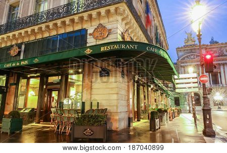 Paris France-May 08 2017: The famous cafe de la Paix located near opera house -Garnier palace in Paris France. It had been inaugurated on May 5th 1862.