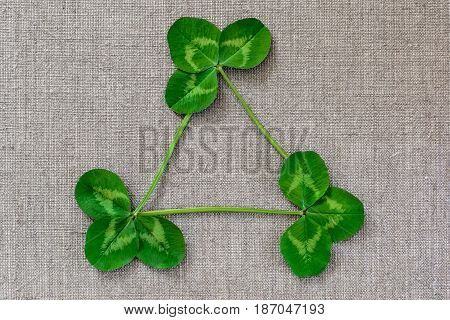 Green Leaves Of Clover On The Background Of Linen Cloth.