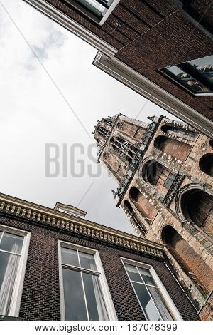 Utrecht Netherlands - August 4 2016: Low angle view of Dom Tower in historic centre of Utrecht
