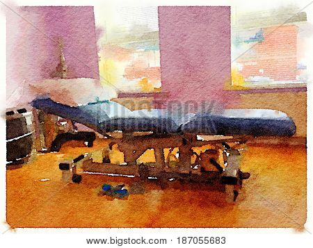 Digital watercolor painting of a chiropractors treatment bed with a pillow in a warm and comfortable room. Space for text.
