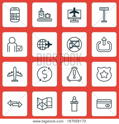 Set Of 16 Travel Icons. Includes Globetrotter, Worldwide Flight, Calculation And Other Symbols. Beautiful Design Elements.