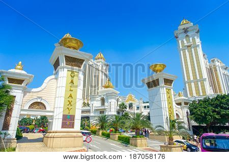 MACAU, CHINA- MAY 11, 2017: Principal entrance of The Luxury dreamy Galaxy Hotel in Macau., this is a major tourist attraction in Macau