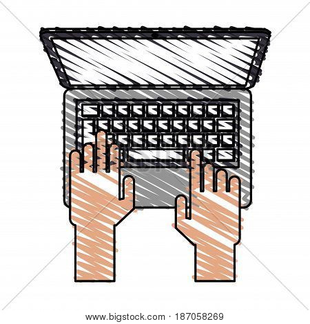color crayon stripe cartoon top view hands typing in portatil device vector illustration