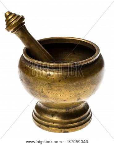 Mortar for grinding spices and herbs on white background. Studio Photo