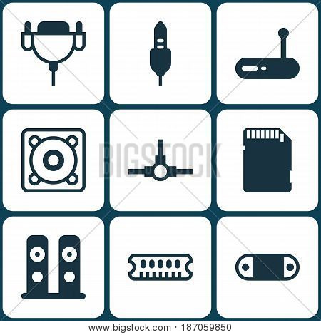 Set Of 9 Computer Hardware Icons. Includes Vga Cord, Music, Aux Cord And Other Symbols. Beautiful Design Elements.