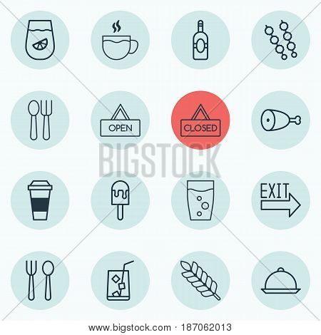 Set Of 16 Cafe Icons. Includes Board, Hooch, Soda Drink And Other Symbols. Beautiful Design Elements.