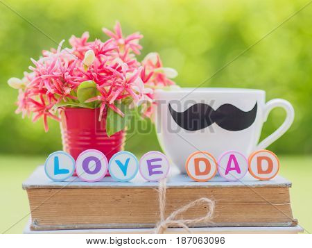 Father's day concept. LOVE DAD alphabet on stack of books gifts tea cup with black Mustache and flower on background