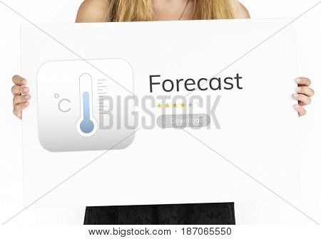 Woman holding billboard network graphic overlay