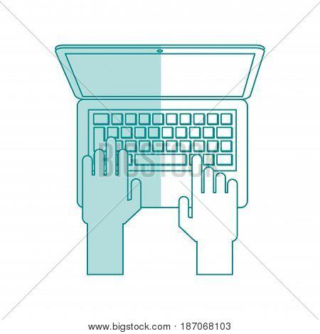 blue shading silhouette cartoon top view hands typing in portatil device vector illustration