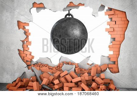 3d rendering of a large black wrecking ball hanging in a hole made in a brick wall with many bricks lying around. Window of opportunity. Destruction for progress. Drastic measures.