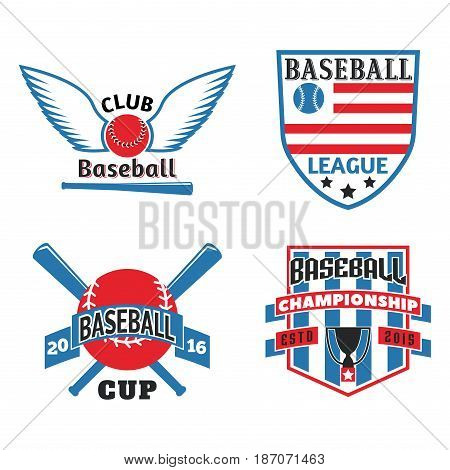 Baseball badge sport logo team identity vector illustration. Tournament competition graphic champion professional blue red color american player set. Collection logo athletic branding insignia.