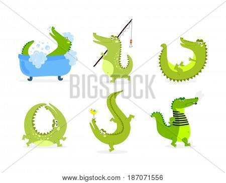 Cartoon green crocodile funny predator and australian wildlife river reptile carnivore alligator scales teeth flat vector illustration. Tropical africa safari zoo character crocodylus.