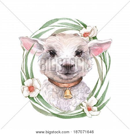 Goatling. Cute watercolor illustration. Hand drawn yeanling. Floral wreath