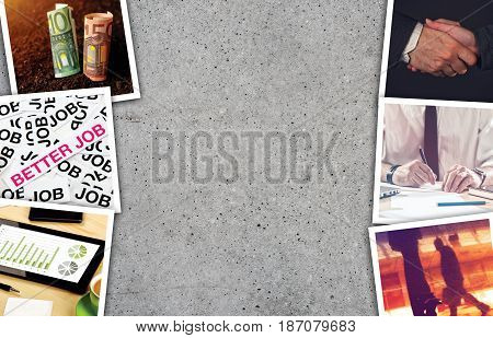 Business and entrepreneurship photo collage over gray concrete background