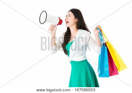 Woman Holding Loud Megaphone Call