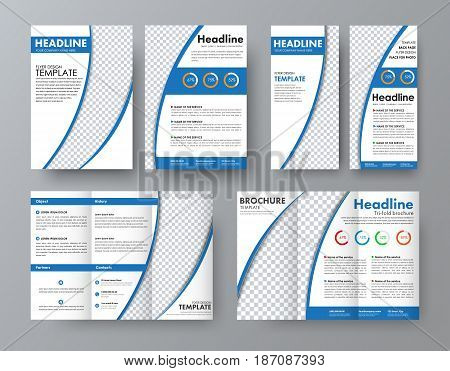 Template For The Front And Back Of The Folding Brochure, A4 Flyer And A Narrow Flyer With Blue Semi-