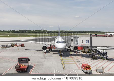 Lufthansa Airbus Is Rady For Boarding  At The New Terminal In Hamburg