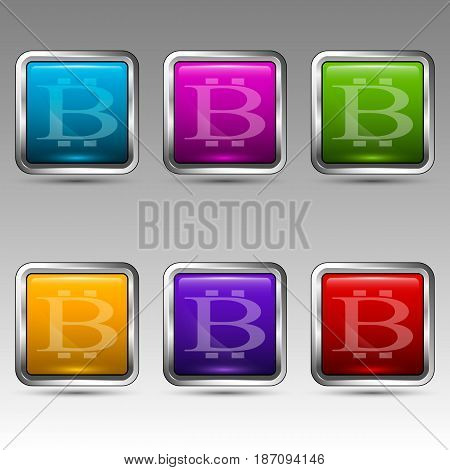 Set of bitcoin emblems with here word on a top in different colors. Vector illustration.