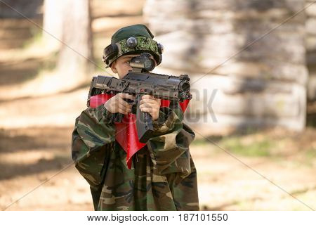 Gomel, Belarus - May 15, 2017: Children And Adults Play The Collective Game Lasertag In The Open Air