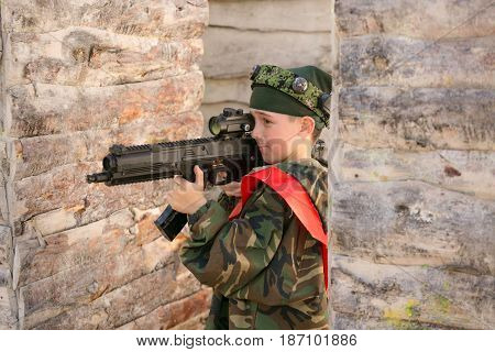 Gomel, Belarus - May 15, 2017: Children And Adults Play The Collective Game Lasertag In The Open Air