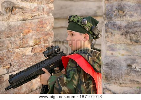 Gomel, Belarus - May 15, 2017: Children And Adults Play The Collective Game Lasertag In The Open Air