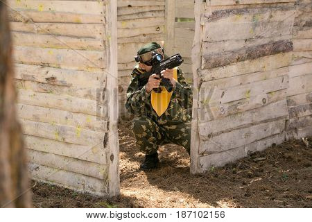 Gomel, Belarus - May 15, 2017: Children And Adults Play The Collective Game Lasertag In The Open Air
