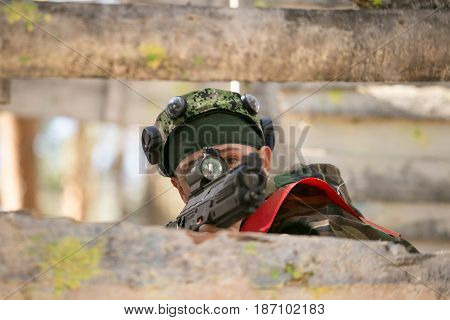 Gomel, Belarus - May 15, 2017: Children And Adults Play The Collective Game Lasertag In The Open Air