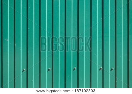 Green goffered metal texture with screw heads, corrugated steel surface. Industrial background.
