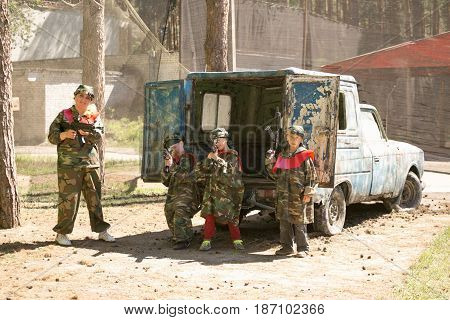 Gomel, Belarus - May 15, 2017: Children And Adults Play The Collective Game Lasertag In The Open Air