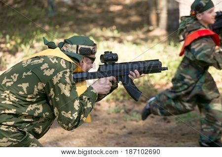 Gomel, Belarus - May 15, 2017: Children And Adults Play The Collective Game Lasertag In The Open Air