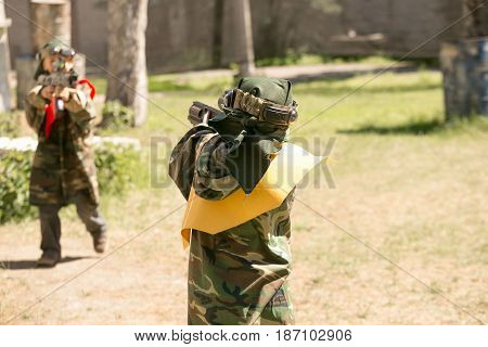 Gomel, Belarus - May 15, 2017: Children And Adults Play The Collective Game Lasertag In The Open Air