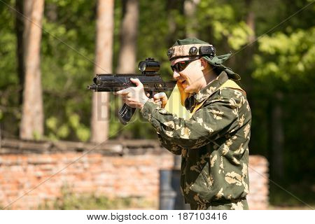 Gomel, Belarus - May 15, 2017: Children And Adults Play The Collective Game Lasertag In The Open Air