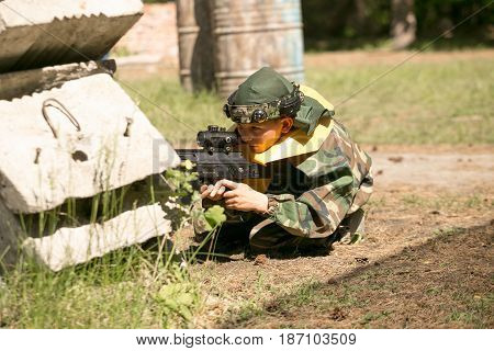 Gomel, Belarus - May 15, 2017: Children And Adults Play The Collective Game Lasertag In The Open Air