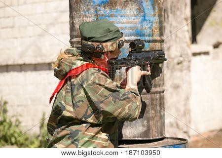 Gomel, Belarus - May 15, 2017: Children And Adults Play The Collective Game Lasertag In The Open Air