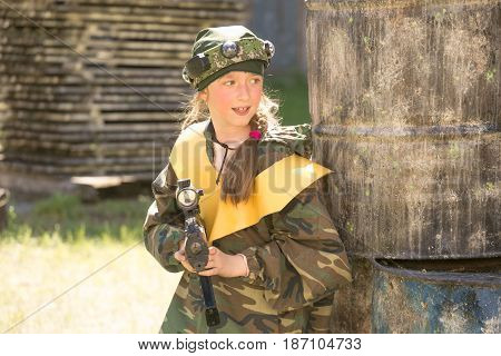Gomel, Belarus - May 15, 2017: Children And Adults Play The Collective Game Lasertag In The Open Air