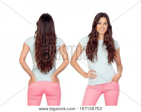Front and back views of a teenger girl with long hair isolated on a white background