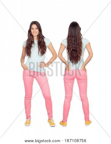 Front and back views of a teenger girl with long hair isolated on a white background