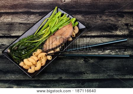 Fried Chinese Kale And Macaroni With Deep-fried Dried Salted Sea Fish.