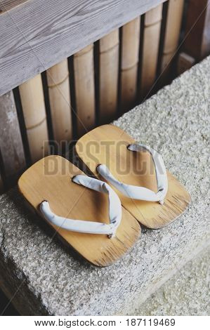 Geta Or Traditional Japanese Footwear, A Kind Of Flip-flops Or Sandal With An Elevated Wooden Base H