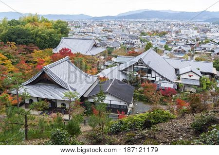 Scenic Top View Of Enkoji Temple And North Kyoto City Skyline During Autumn