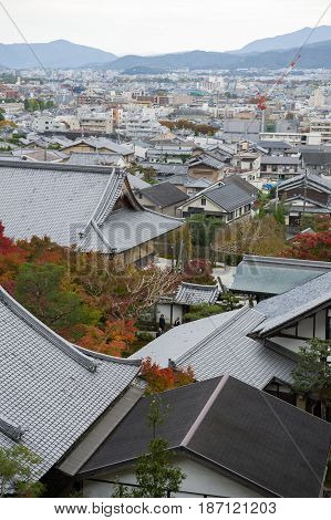 Scenic Top View Of Enkoji Temple And North Kyoto City Skyline During Autumn