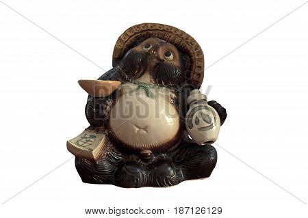 Tanuki Statue with Sake Bottle Isolated on White Background