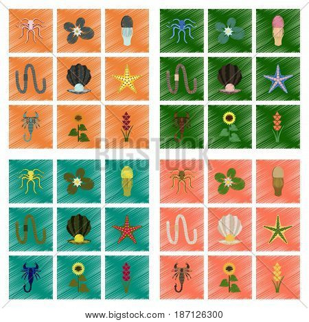 assembly flat shading style illustration of animal octopus jellyfish water lily pearl mussel