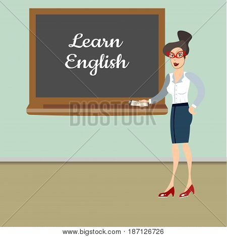 Teacher in front of blackboard teaching student in classroom at school. Vector illustration