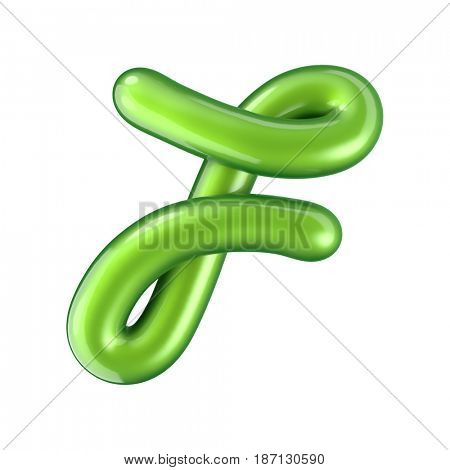 Glossy green letter F uppercase. 3D rendering font with glint isolated on white background.