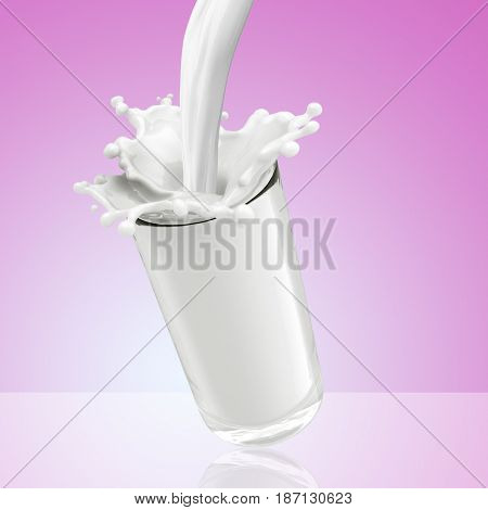 Splash of milk from the glass .Pink background. 3d rendering