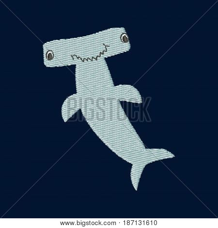 Hammerhead shark patch embroidery, vector illustration of sea animal, cute character of uderwater life, decorative element for baby, children clothes, things.