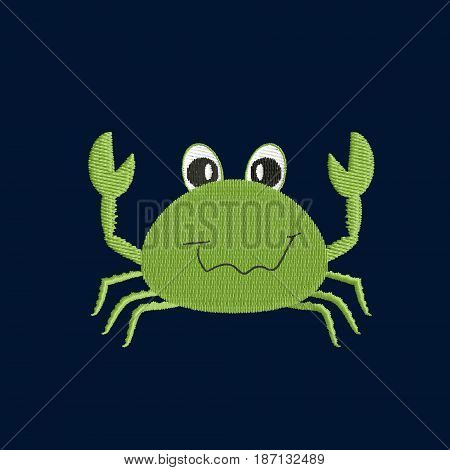 Green crab patch embroidery, vector illustration of sea animal, cute character of uderwater life, decorative element for baby, children clothes, things.