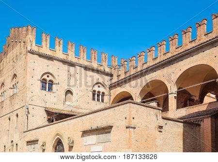 Italy Bologna Del Nettuno square upward view of the Re Enzo palace