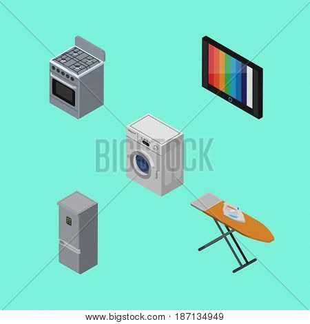 Isometric Appliance Set Of Cloth Iron, Laundry, Television And Other Vector Objects. Also Includes Laundry, Cooker, Kitchen Elements.